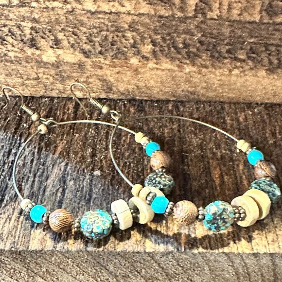 Handmade Western Hippie Copper Wire Colorful Wooden Beads Drop Earrings, Gift B - Picture 6 of 8